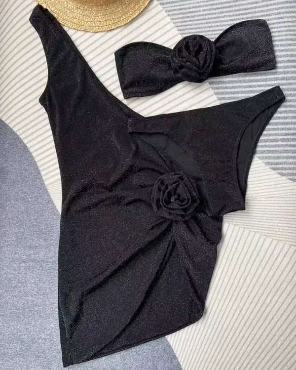 Stylish black one piece swimsuit with a matching straw hat, perfect for a day at the beach. Product name: Three pieces Bikini and Beach Cover Up Rose.