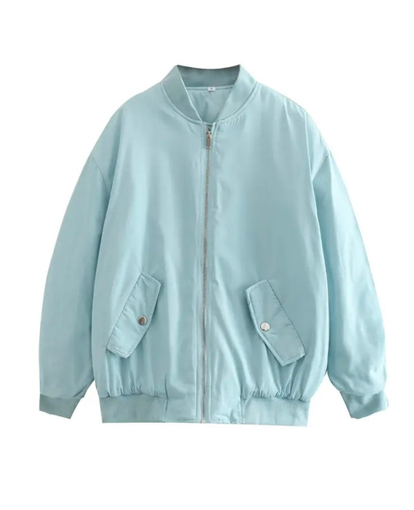  Light blue oversized bomber jacket with pockets, a stylish addition to the collection in various colors.