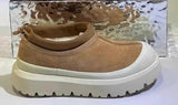 Plush outdoor shoes with white rubber sole and tan upper - perfect for outdoor activities.