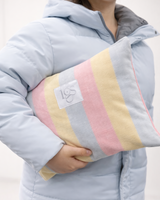 Large pastel striped Make up wash bag clutch with white zip