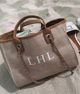 Canvas Tote Bag with Chain Beach bag- Tan/beige