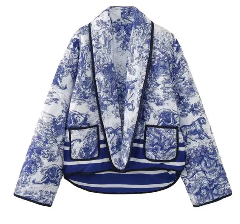Cotton Vintage Printed Jacket - Blue and white jacket with a stylish blue and white pattern.