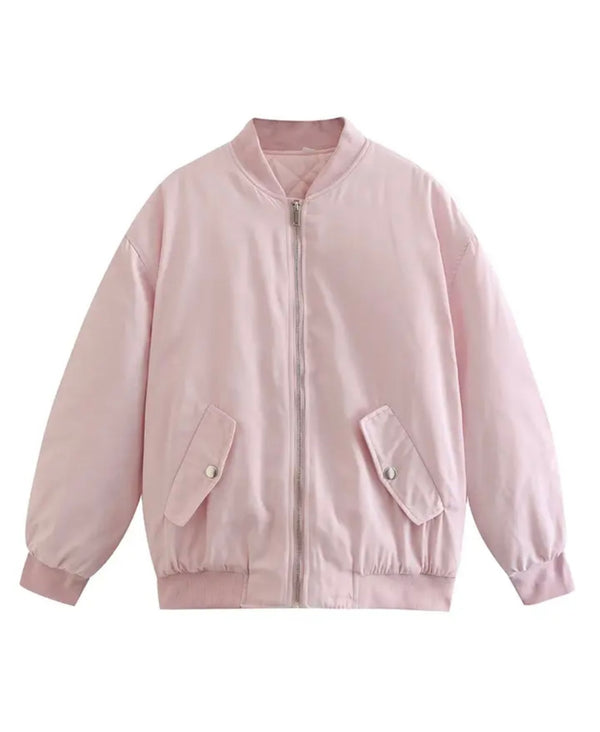 Oversized pink bomber jacket with front zipper, part of the collection featuring various colors.