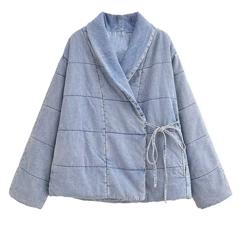 Denim Parka Lace up Jacket Coat: Women's jacket with waist tie, perfect for a stylish and trendy look.