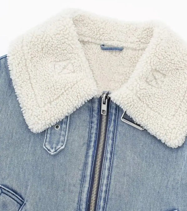 Blue denim coat with wool lining, perfect for staying warm and stylish in colder weather