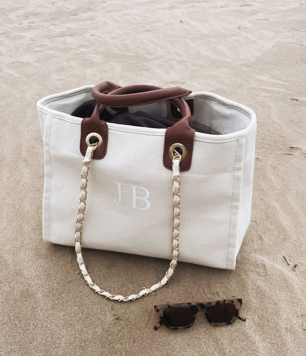 Canvas Tote Bag with Chain Cream and brown