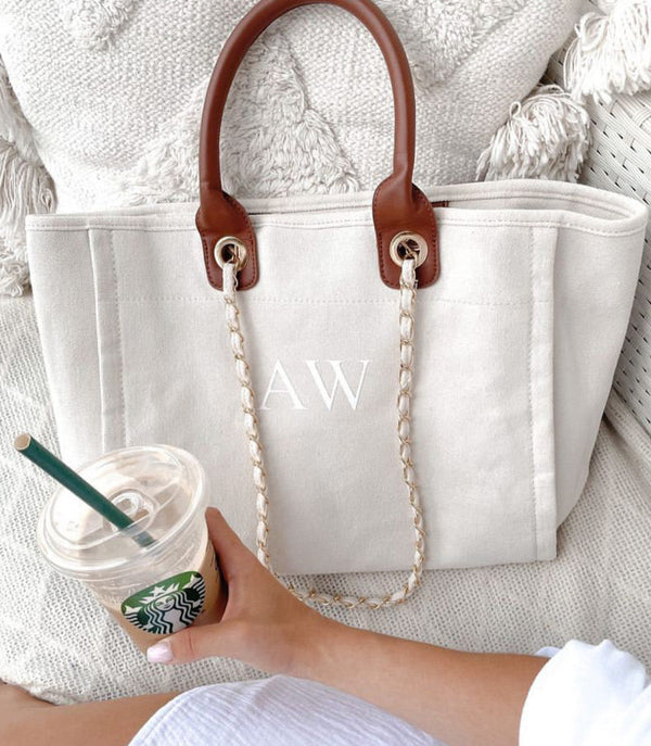 Canvas Tote Bag with Chain Cream and brown