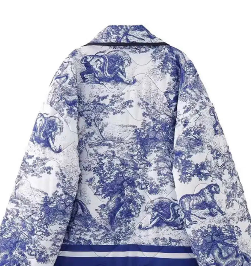 Cotton Vintage Printed Jacket: A stylish blue and white jacket with a beautiful blue and white print design.
