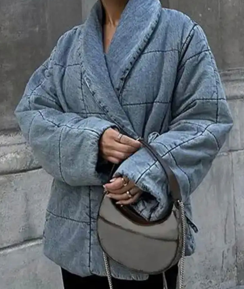 Denim Parka Lace up Jacket Coat - woman in gray coat and black pants
