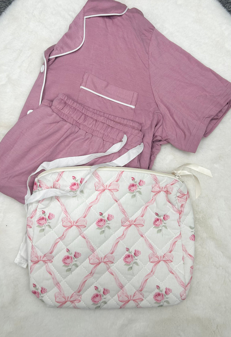 Pink Pyjama shorts sleeved set (size medium) with medium sized make up bag