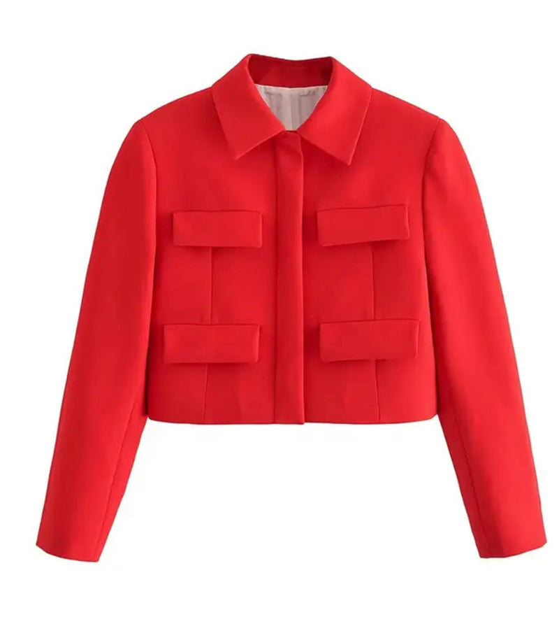 Crop Red Button Jacket: A red cropped jacket with pockets.
