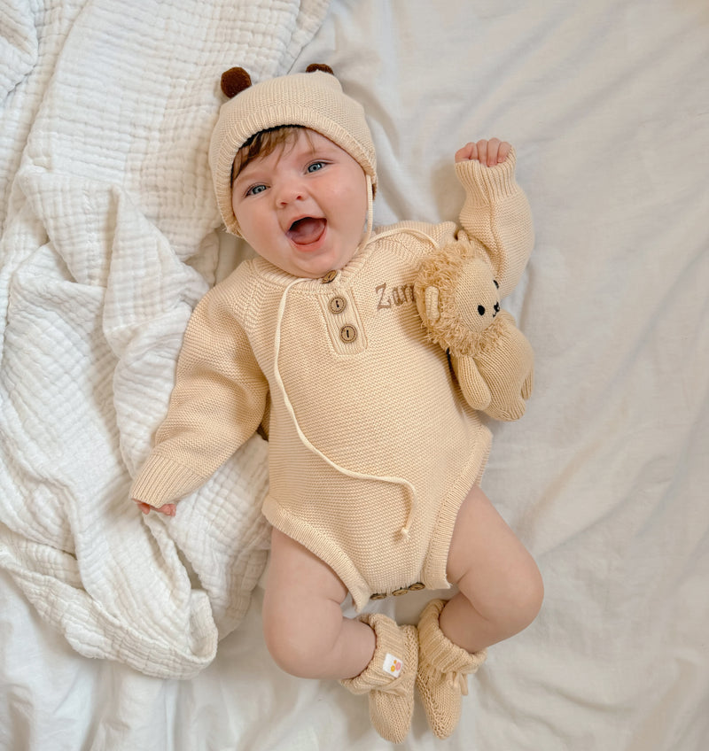 Personalised Embroidered knitted Romper and Hat Set