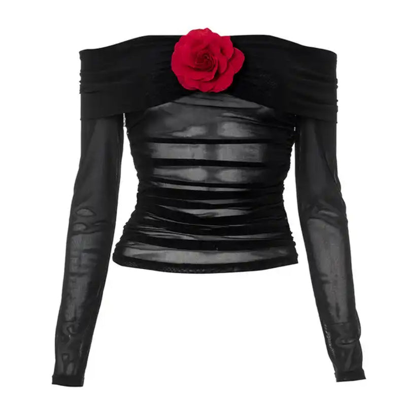 Strapless Mesh Rose Top Black