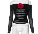 Black strapless mesh rose top