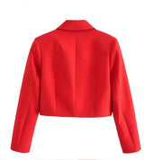 Crop Red Button Jacket: A stylish red jacket with a buttoned front, perfect for any occasion.