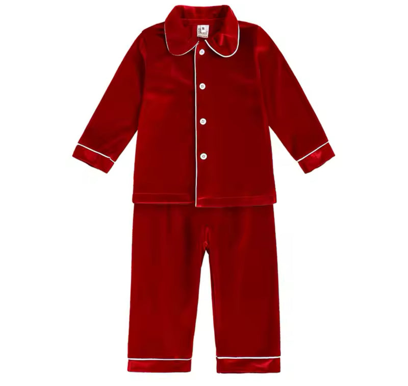 Luxury kids embroidered velvet Christmas pyjamas in gold, red or white