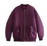 A stylish purple bomber jacket showcased against a clean white background.
