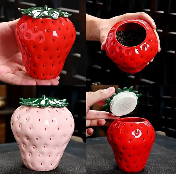  Strawberry-shaped vase with lid, perfect for serving tea and coffee. Product name: Strawberry Tea and Coffee Pots