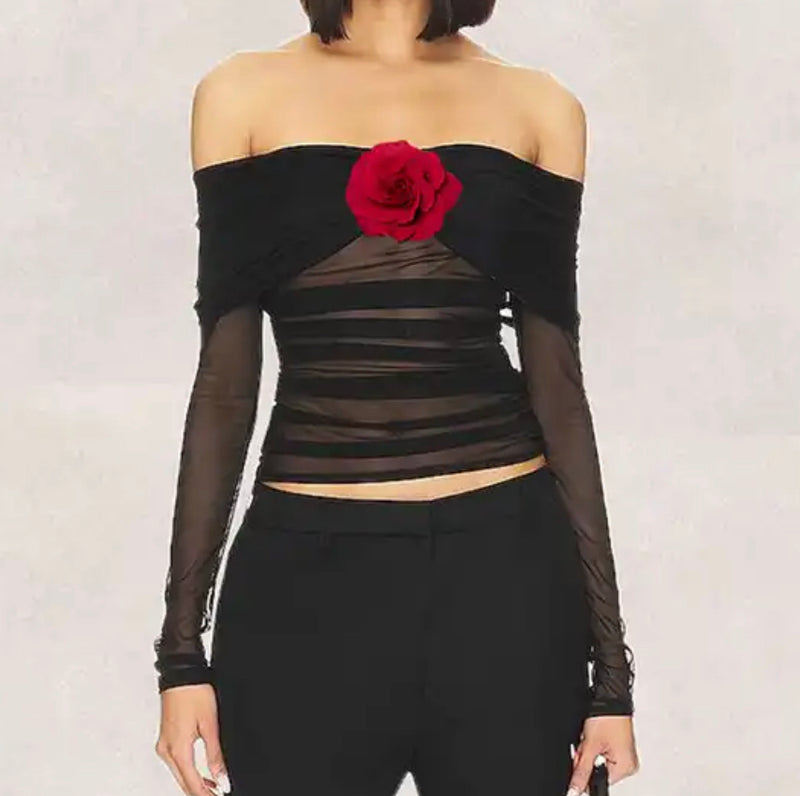 Black sweetheart neckline mesh rose top