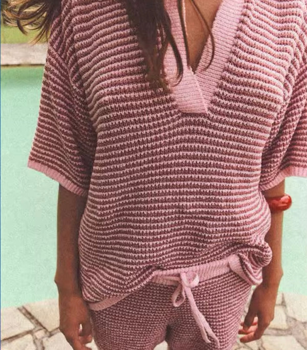 Pink Knitted Polo Shirt and Shorts Co Ord