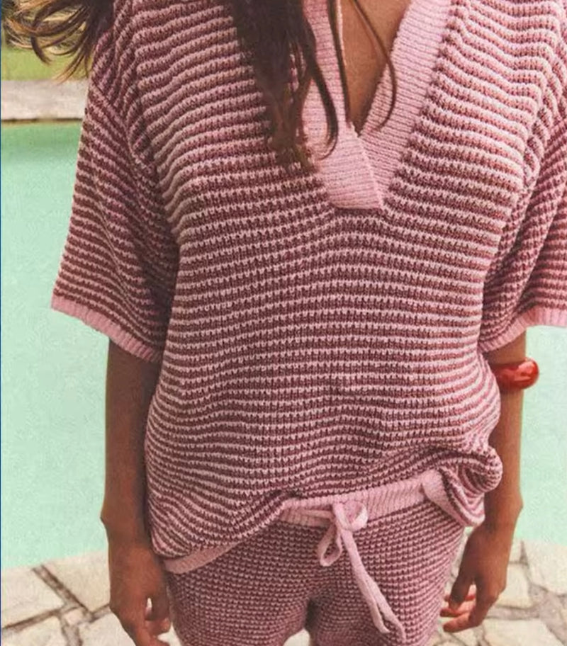 Pink Knitted Polo Shirt and Shorts Co Ord
