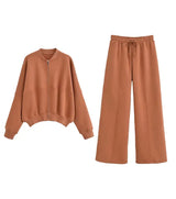 Women's casual tracksuit set in brown. Includes sweatshirt and pants. Available in various colors. Perfect for winter