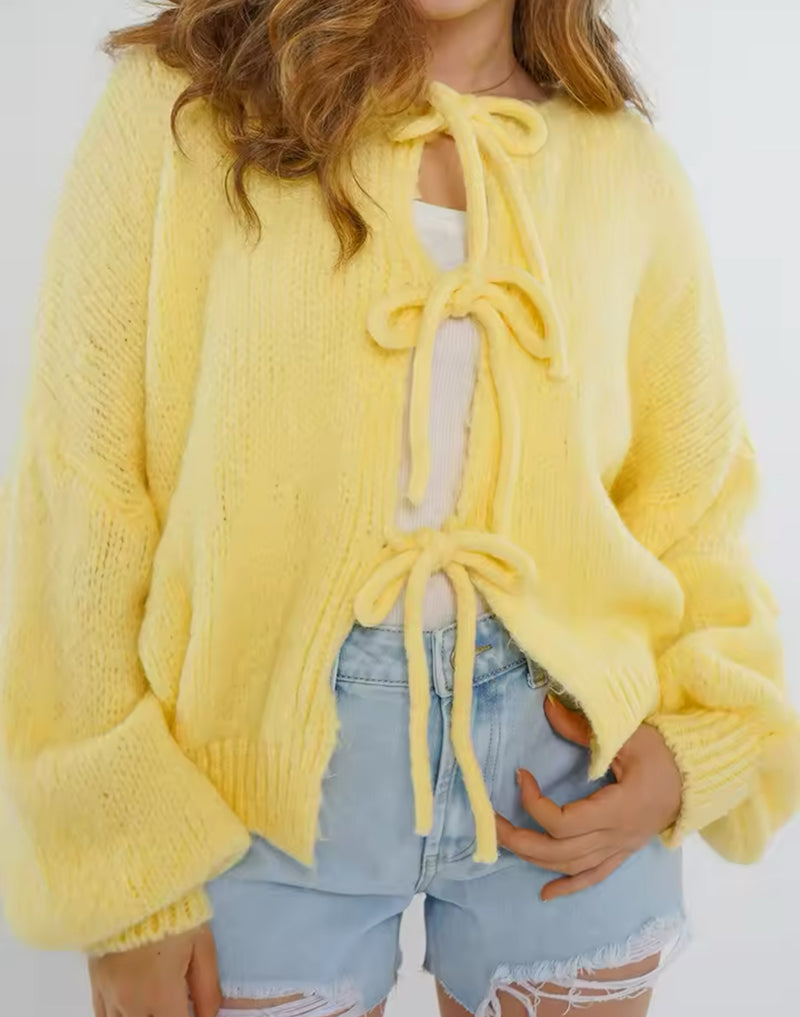 Tie up knitted long sleeve oversized cardigan