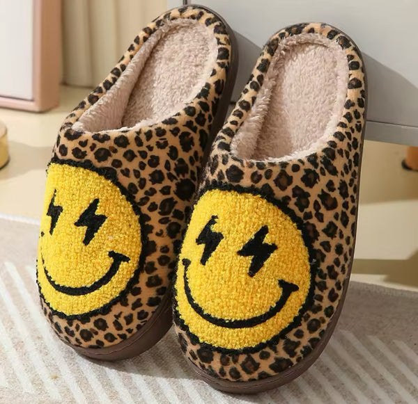 Leopard Print Smiley Slippers