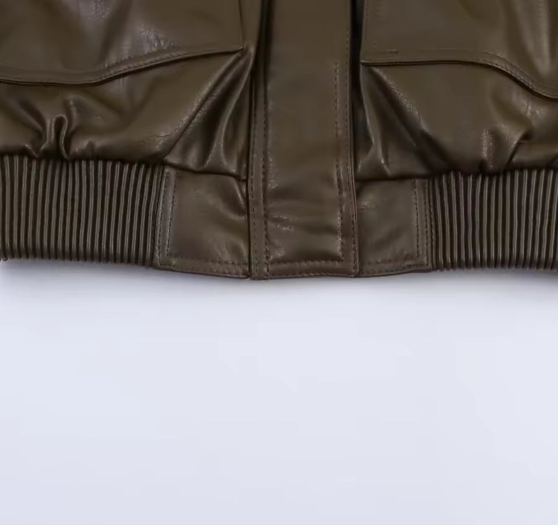 Green Brown Faux Leather Biker Jacket