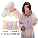 Full pastel stripe bundle set robe, slippers and make up bag