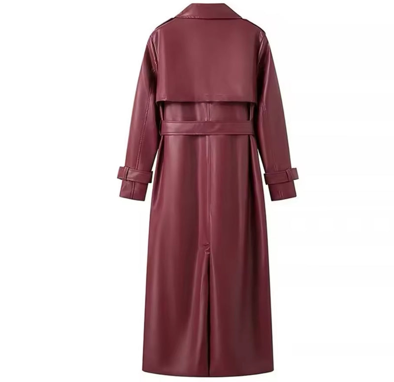 Burgundy Faux Leather Trench Coat