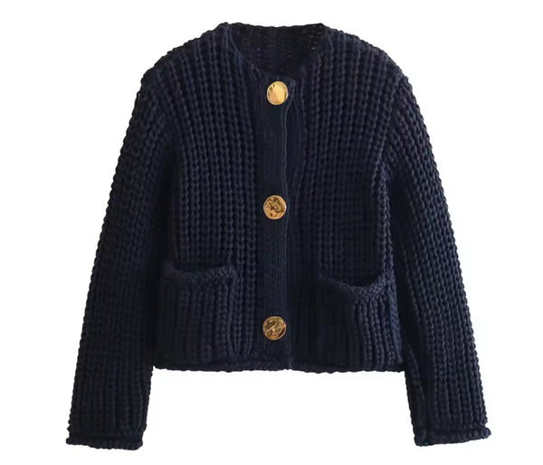 Navy Knit Cardigan Gold Buttons