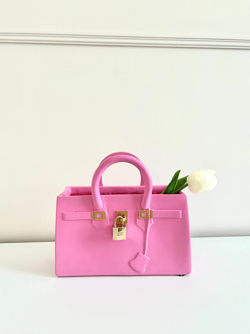 Pink purse with white tulip, product name: Handbag flower vase.