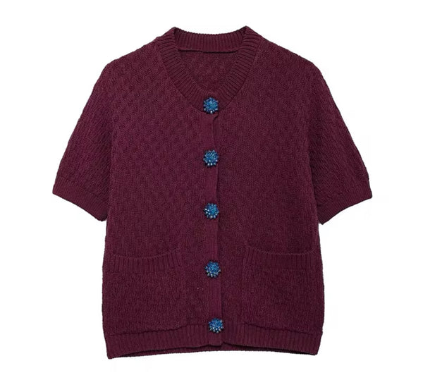 Burgundy Short Sleeve Knitted Cardigan