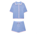 Knitted Polo Shirt and Shorts Co Ord in Blue and Pink