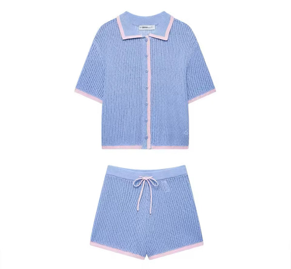 Knitted Polo Shirt and Shorts Co Ord in Blue and Pink