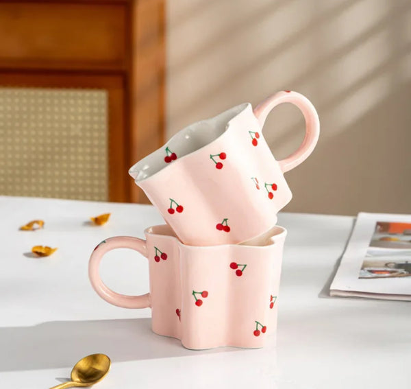 Two pink mugs with cherries on them, product name: Hand painted pink cherry mug coffee cup 300ml