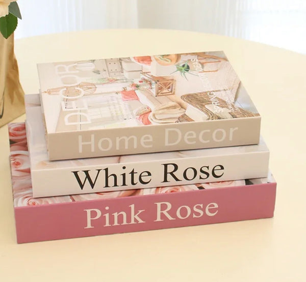 Three X3 pink home decor display boxes stacked, labeled white rose and pink rose.