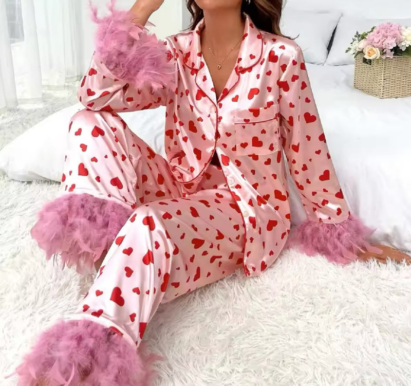 Pink Fluffy Satin Heart Pyjamas