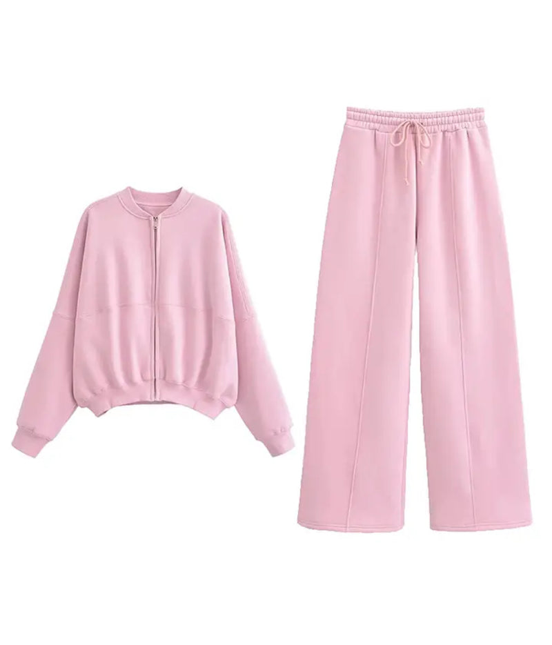 Casual winter women's co-ord tracksuit in various colors: two-piece trousers and jacket.