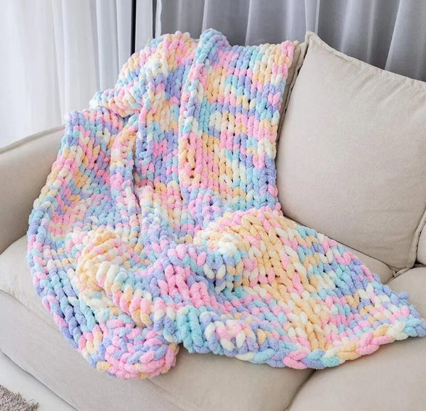 Large pastel colourful chunky Knitted Chenille Throw Blanket