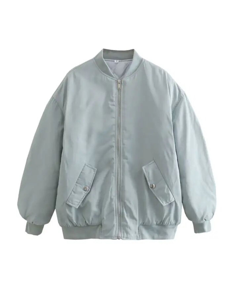 Oversized bomber jacket coat in light blue with functional pockets.