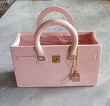 Handbag flower vase: Pink purse with white tulip
