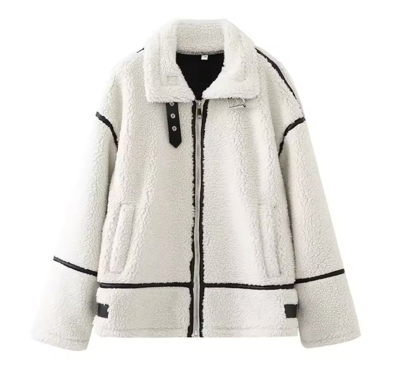 Cream warm winter  plush soft fur contrast jacket coat