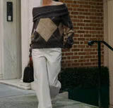 Brown Tone Off Shoulder Diamond Jumper