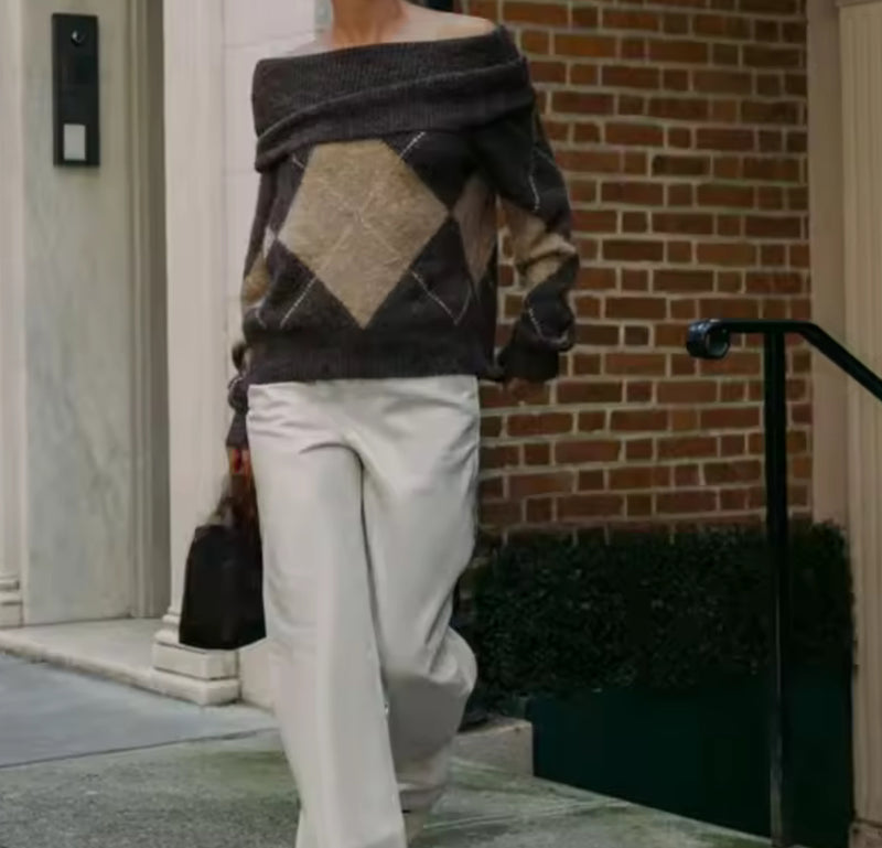Brown Tone Off Shoulder Diamond Jumper