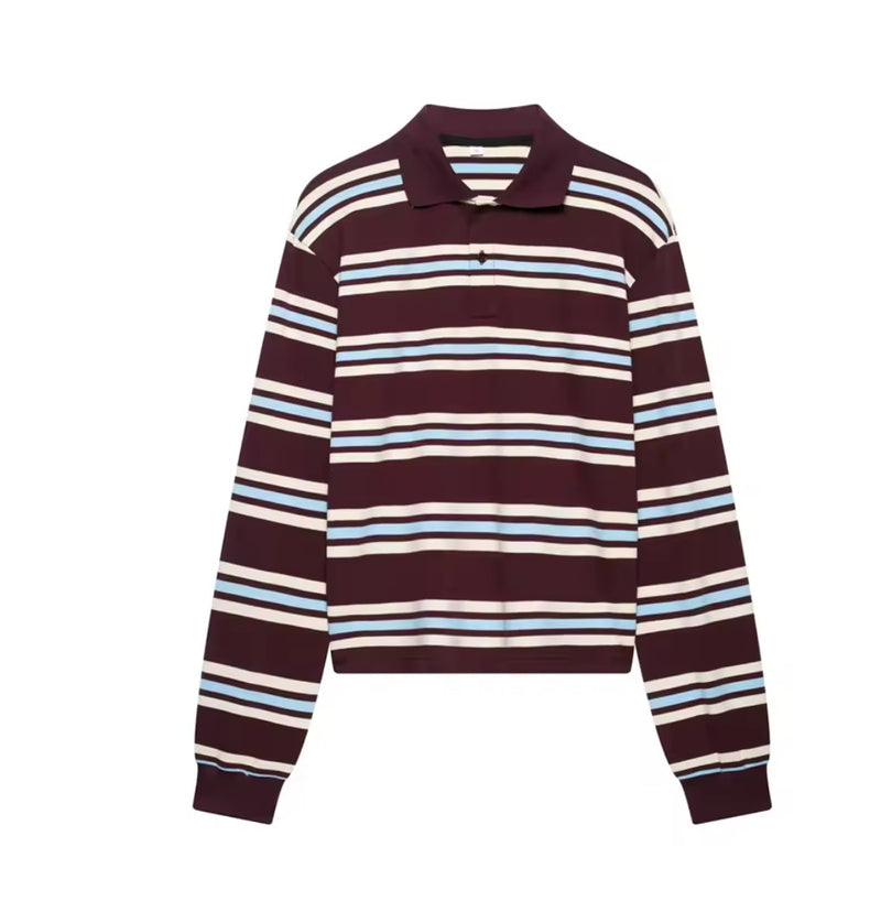Striped Long Sleeve Polo Top