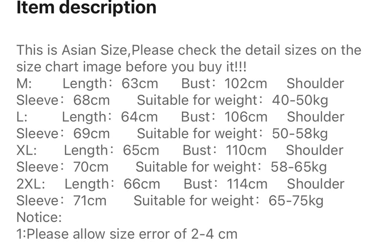 Size chart for Down Puffer Jacket Longline, tailored to Asian sizes for precise fitting guidance.