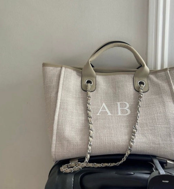 Greige personalise Canvas Tote Bag with Chain