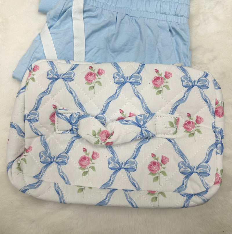 Baby blue Pyjama shorts sleeved set (size small) with large sized make up bag